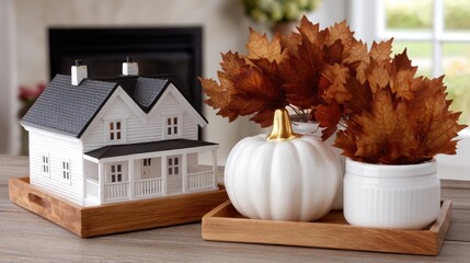 A charming wooden house with an intricate design is adorned with dried oak leaves, adding a cozy autumn touch to the interior.