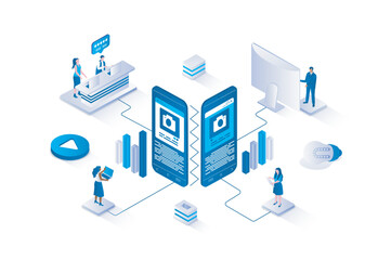 Naklejka na ściany i meble Trend watcher 3d isometric concept with isometry people design for web. Team making marketing research of new trends, themes and priority content, analyzing social media data. Vector illustration.