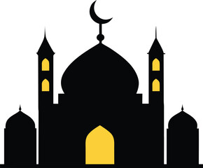 Islamic mosque silhouette with crescent moon isolated on white background isolated on transparent background