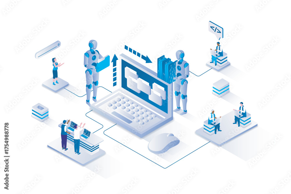 Wall mural web scraping 3d isometric concept with isometry people design for web. people using services to auto