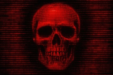 Cyberpunk Red Skull Digital Interface with Glowing Tech Grid
