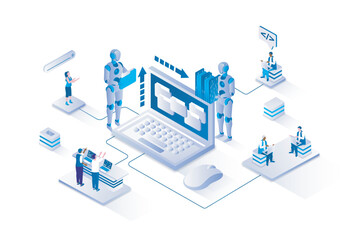 Obraz premium Web scraping 3d isometric concept with isometry people design for web. People using services to automatic data collect, making statistics analyze from websites, research users. Vector illustration.