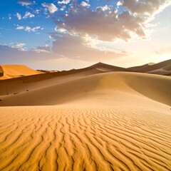 Panoramic vista of vast desert sand dunes under a partly cloudy sky