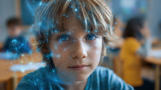 A curious boy in a classroom explores learning surrounded by digital highlights of imagination and innovation.
