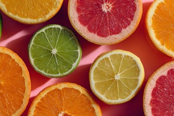 Citrus fruit slices including orange, lemon, lime, and grapefruit arranged on a pink background