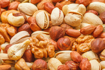 Variety of nuts and seeds closeup with selective focus - peeled walnut, hazelnuts, peeled peanut, pine nut kernels, almond seeds, cashew seeds, pistachio nuts in the shell, pumpkin seeds