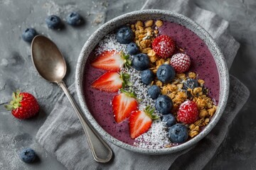 Smoothie bowl containing refreshing berries, granola, chia seeds, and coconut flakes, promoting healthy eating for breakfast