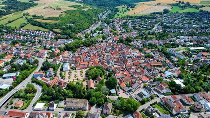 Aerial panorama view of the city Rockenhausen in spring on a sunny noon