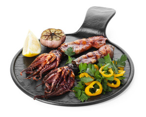 Tasty cooked squids with lemon, garlic and salad isolated on white