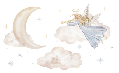 Christmas composition with angel trumpets nimbus among the clouds moon. Watercolor illustration Christian Nativity angel birds and stars isolated on background for religious baptism invitation.