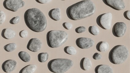 Smooth, grey stones scattered randomly on a beige surface with natural light and shadow