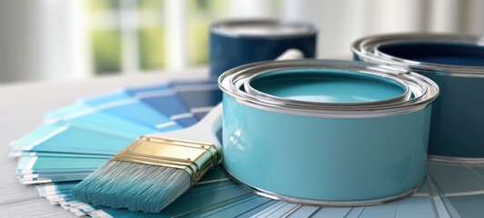 Plakat The paint cans and brush with blue swatches for modern home color selection