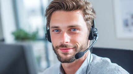 Friendly employee assists customers through a headset while working in a sleek office.