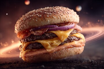 Delicious double cheeseburger with bacon and red onion floating in a cosmic scene with planets