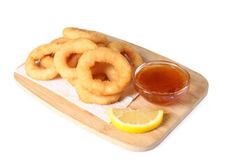 Tasty fried squid rings, lemon and sauce isolated on white