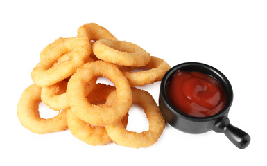 Tasty fried squid rings and sauce isolated on white