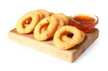 Tasty fried squid rings and sauce isolated on white
