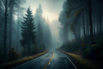Fototapeta premium Misty forest road with sunbeams breaking through tall trees