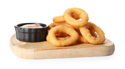 Tasty fried squid rings and sauce isolated on white