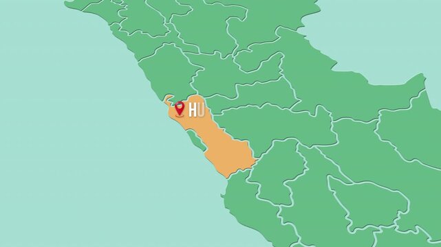 Mapa de Per&uacute; con divisi&oacute;n pol&iacute;tica resaltando el departamento de Gobierno Regional de Lima y sede Huacho