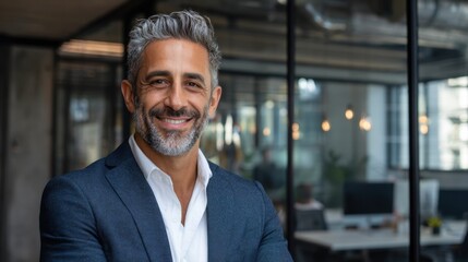 Fototapeta premium A man with grey hair and beard stands confidently in a stylish office surrounded by colleagues.