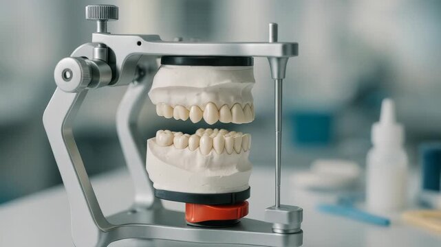 A dental articulator holds a plaster model of teeth. This equipment is essential for prosthodontics and dental laboratory work.