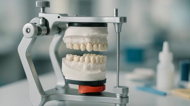 A dental articulator holds a plaster model of human teeth. This essential tool aids in precise dental prosthetics and orthodontics.