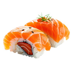 Close-up of two sushi pieces; orange salmon atop rice, with seaweed and garnishes