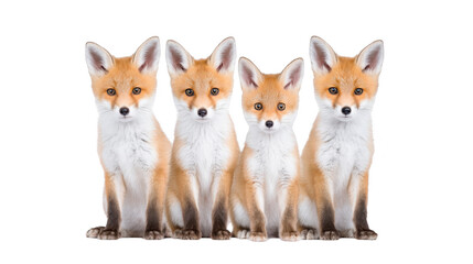 Fototapeta premium Four red fox cubs sitting together, isolated on transparency background, looking directly at camera, displaying curiosity and innocence, with fluffy fur and alert ears