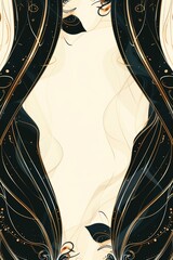 An abstract illustration featuring flowing black lines with golden accents on a light background. The design is elegant, artistic, vertical banner, copy space, free space for text