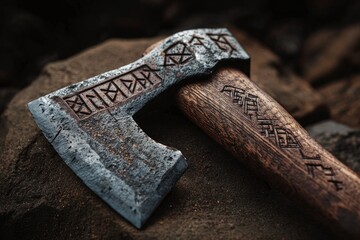 Viking axe head and wooden handle featuring runic carvings on a rocky background