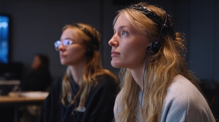 Fototapeta premium Two women focus intently as they listen and monitor a live production in the control room.