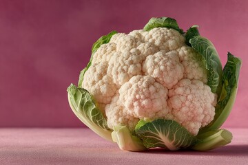 Whole cauliflower resting on a pink surface with a matching background