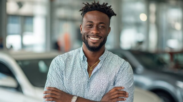 A man is smiling brightly with arms crossed inside a vibrant car dealership radiating joy and professionalism.