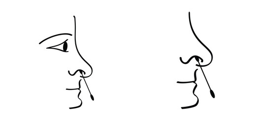 Cartoon cotton swab in your nose. Cotton swabs to disinfect your nose or to clean your nose. A cotton swab is a small stick with cotton or wads of cotton on each end. Cosmetics or hygiene tools.