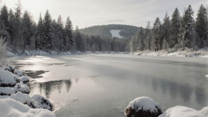 Snowy landscape with frozen river and forest, under a partly cloudy winter sky