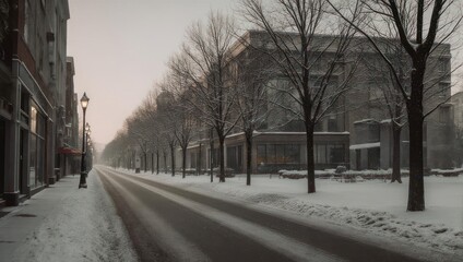 Snow-covered street scene with buildings and bare trees under a soft, muted sky