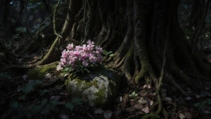 Soft pink wildflowers rest on a mossy rock at the base of a large tree in a dim forest