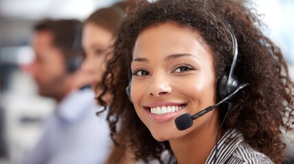 Bright smile of a customer service agent while assisting clients in an energetic workplace.