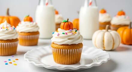 Pumpkin Cupcake with White Frosting and Fondant Pumpkins