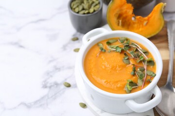 Delicious pumpkin soup with seeds and microgreens in bowl served on white marble table, closeup. Space for text