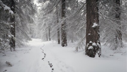 Snowy path through a coniferous forest with footprints. Winter scene, serene atmosphere
