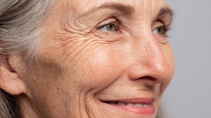 A wise woman showcases her gentle smile and bright eyes reflecting joy and experience.