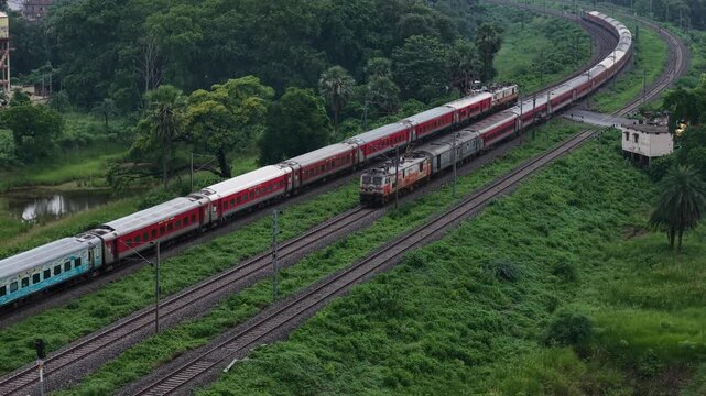 4K Drone Footage of Indian Train Moving on Tracks | Aerial View of Indian Railways Through Scenic Landscape