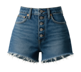 High-waisted denim shorts featuring a frayed hem and button fly.