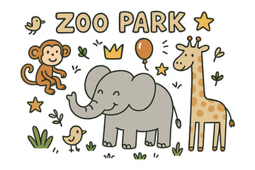 Obraz premium Zoo Friends Doodle. Zoo park illustration doodle style: hand drawn elephant with smile, monkey, crown, star, balloon, giraffe, and