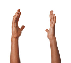 African-American man holding something on white background, closeup