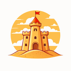 Summer Beach Scene with Sandcastle and Red Flags