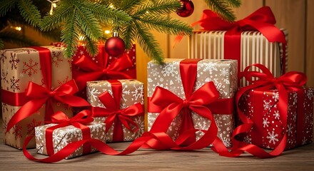 Christmas Presents on Wooden Surface with Red Ornaments