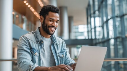 A cheerful young man smiles while using his laptop in a stylish office setting during the day.